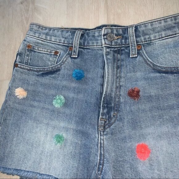 Lucky Brand Jean Shorts Size 28 Blue Denim Multicolour Pompoms Lucky‎ Pins NWT - Picture 4 of 13